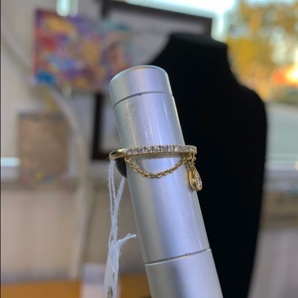 14K Yellow Gold Diamond Band and Chain Dangle Ring - Picture 6 of 7